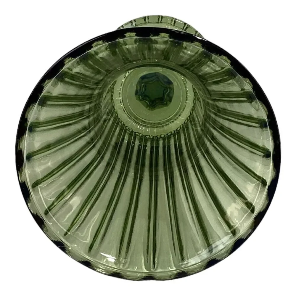 Vintage green glass Pedestal Vause vertical line scalloped base edge MCM